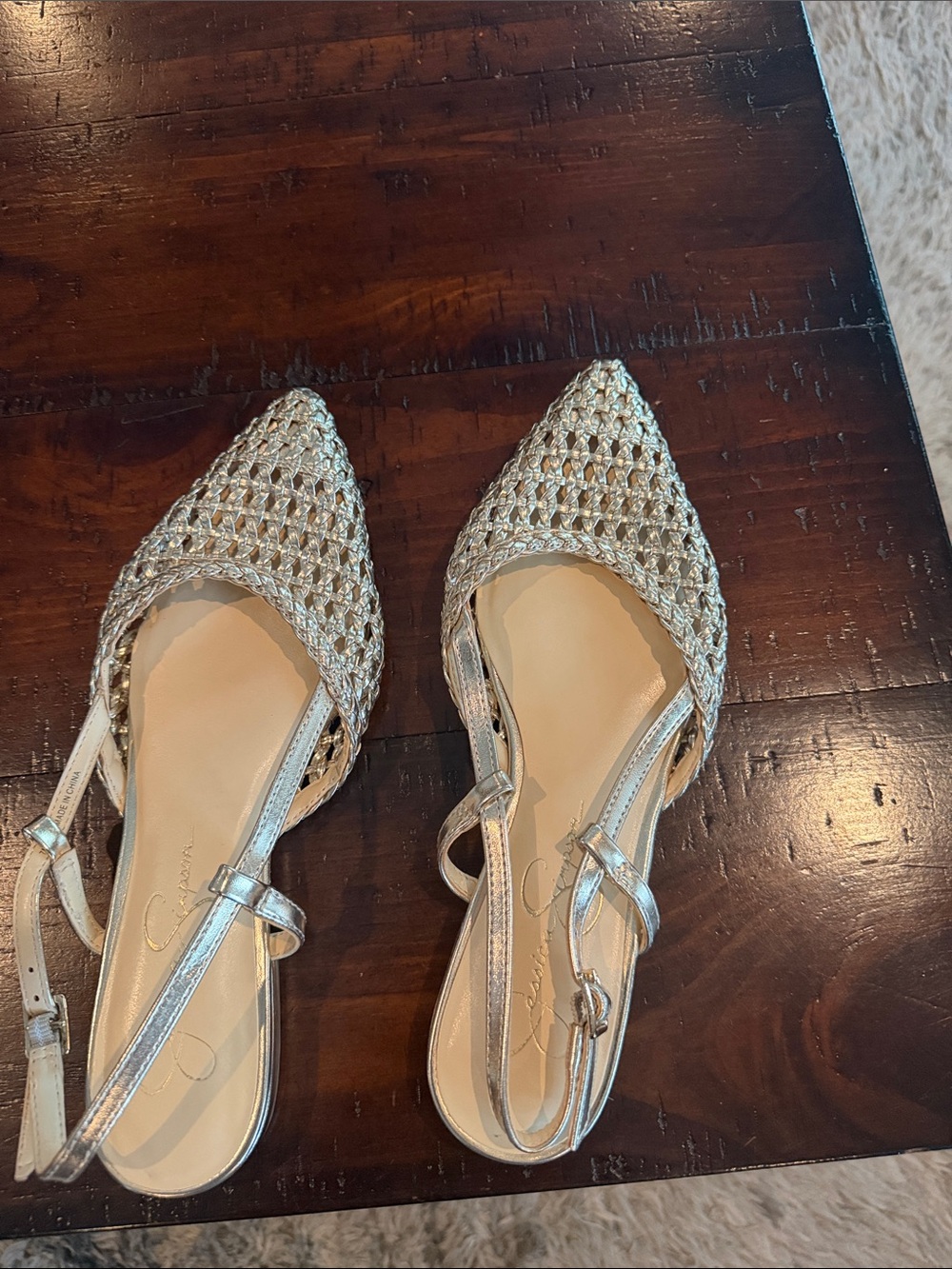 Jessica Simpson Silver Woven Pointed Slingback Flats
